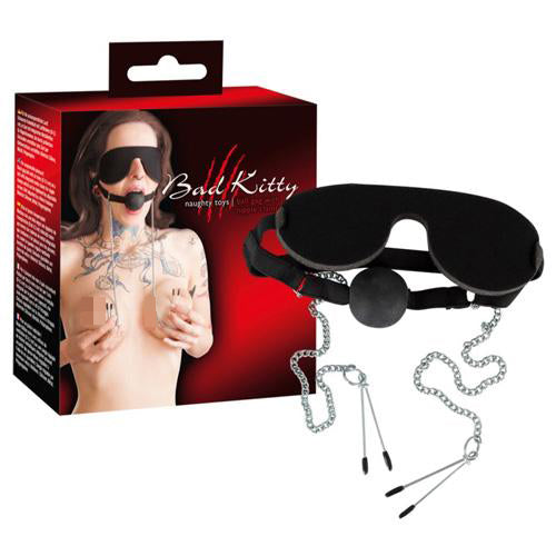 Bad Kitty Red Box Mask with Ball Gag and Nipple Clamps