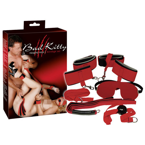 Bad Kitty Red Box Bondage Set 8pc Red/Black Whip